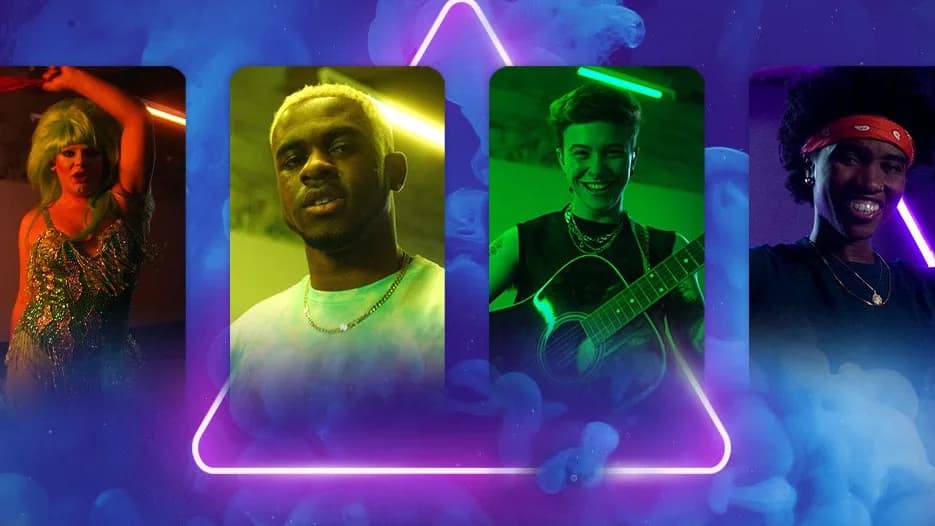 Four neon-lit performer portraits, a sequined dancer and a smiling guitarist among them, over blue smoke and a neon triangle