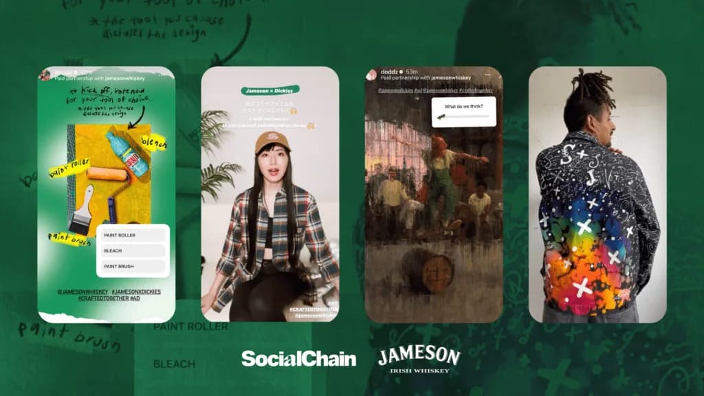 Four story screens: paint tool poll, woman in plaid shirt, dance painting, man in painted jacket; Jameson logo