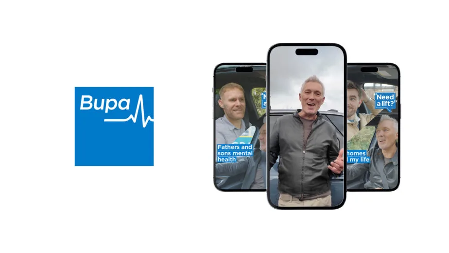 Bupa logo beside three phones showing a grey-haired man talking with younger men in a car, captioned "Need a lift?"