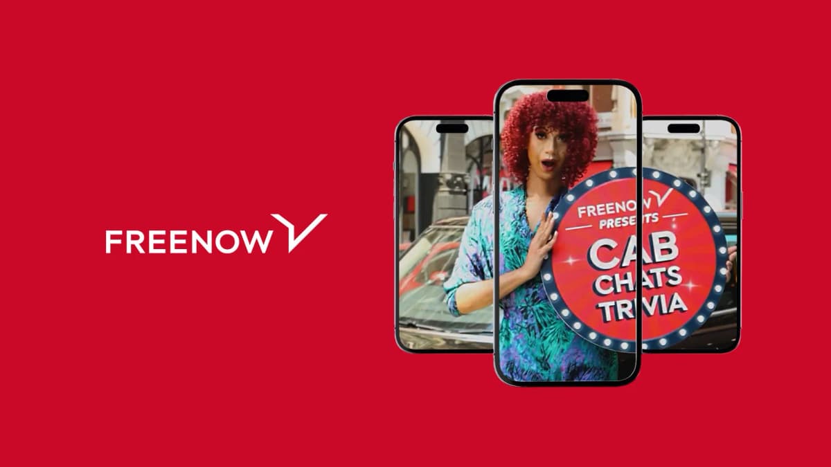 FREE NOW logo beside three phones showing a curly red-haired person holding a round "CAB CHATS TRIVIA" sign