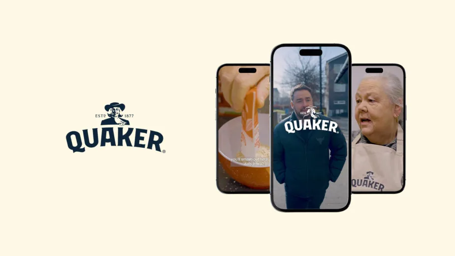 Quaker logo by three phones: oats poured into a bowl, a man in a dark jacket outdoors, an older woman in a Quaker apron