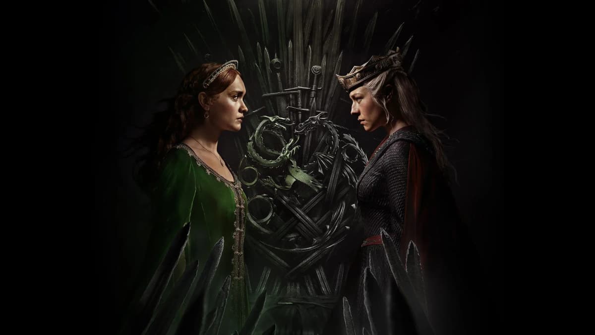 Woman in green gown and crowned woman in dark armor face each other before a throne of swords with dragon emblems