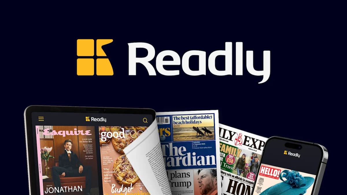 Readly logo above a tablet and phone running the Readly app, showing magazine and newspaper covers on a dark navy background