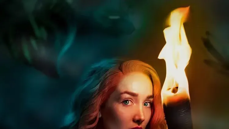 A red-haired woman with green eyes beside a burning torch, lit against a dark teal background with a shadowy face