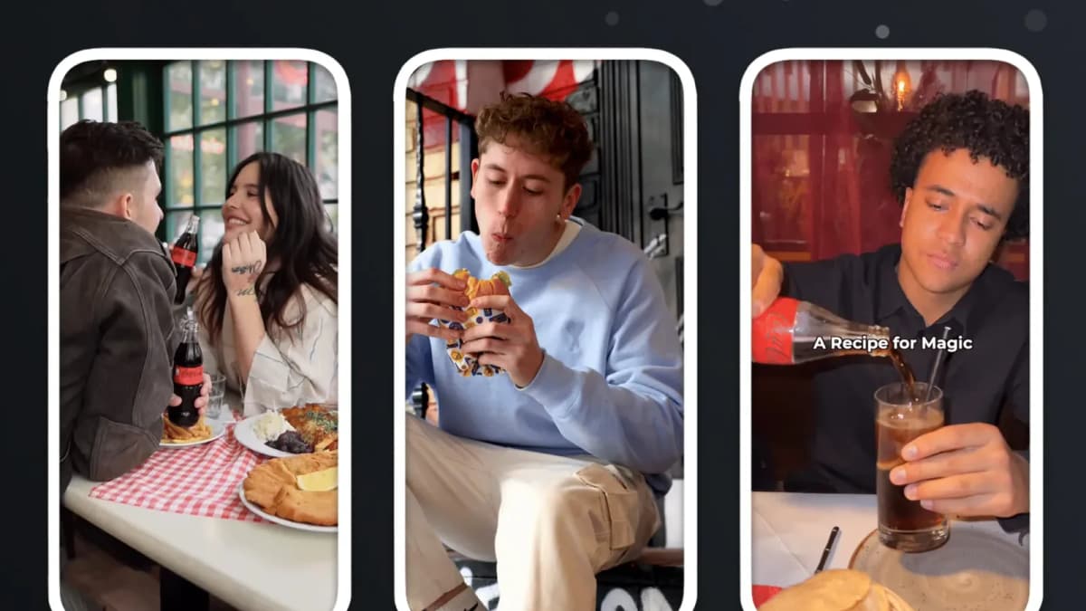 Three phone screens: couple dining with Coca-Cola, man eating a burger, man pouring Coca-Cola, "A Recipe for Magic"