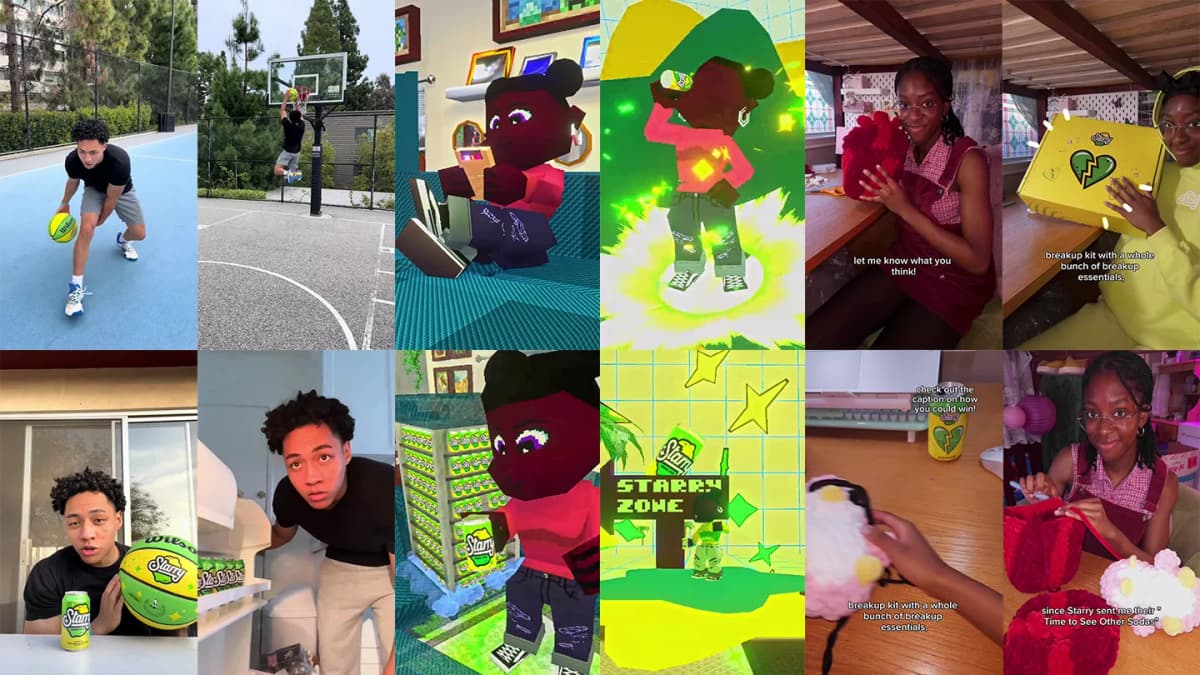 Video stills: young man with Starry can and basketball, blocky avatar at "STARRY ZONE", young woman crocheting