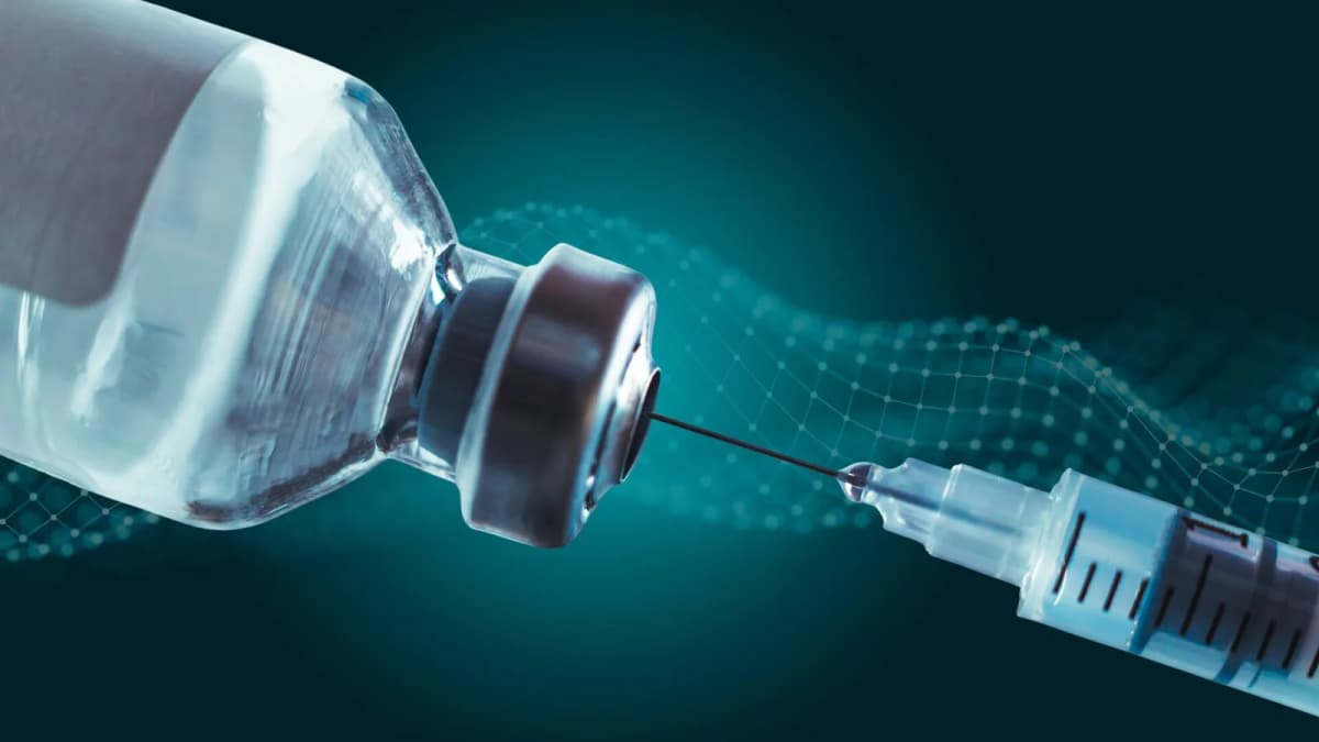 Close-up of a syringe needle piercing a glass vial's stopper against a teal background with a digital wave mesh