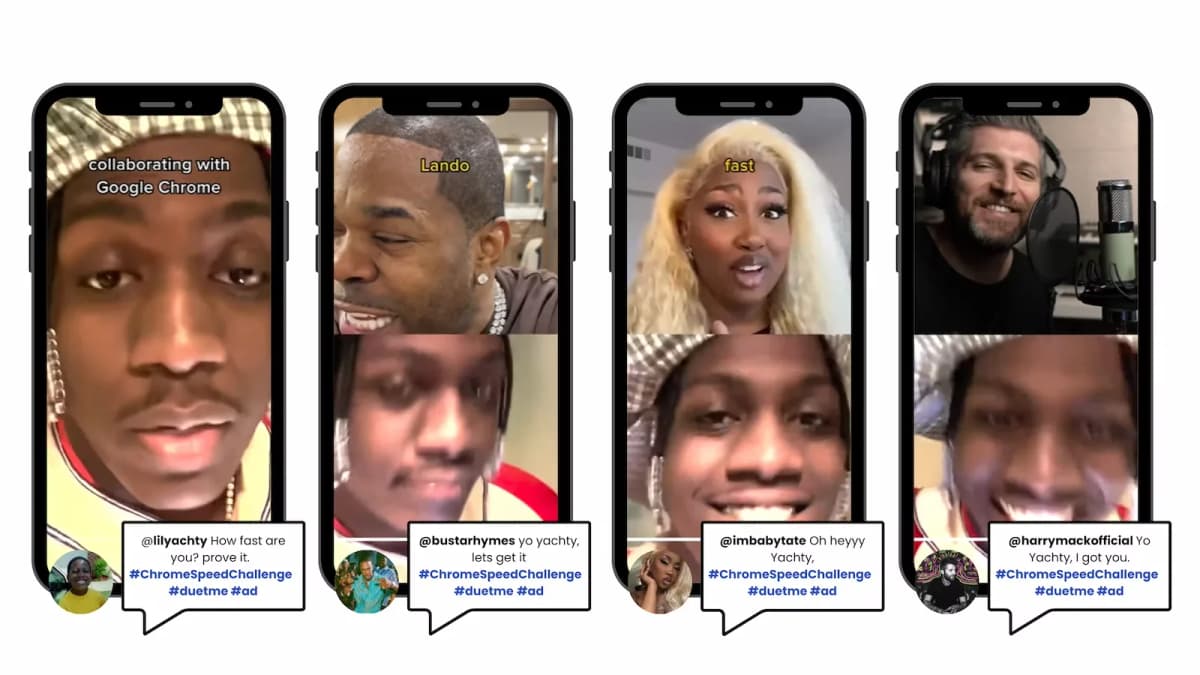 The tiktok posts for the Chrome Speed Challenge campaign featuring Lil Yachty, Busta Ryhmes, Baby Tate and Harry Mack