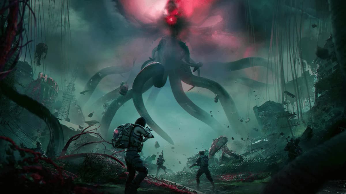 Armed soldiers with backpacks face a giant tentacled monster with a glowing red core above an overgrown ruined city