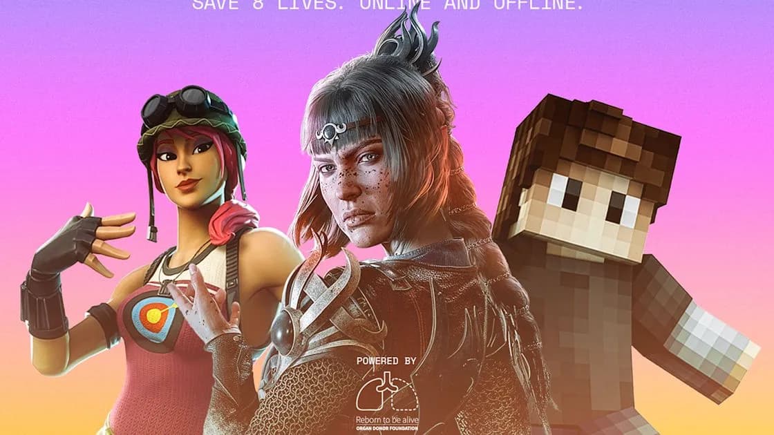 Three video game characters on a pink gradient under "SAVE 8 LIVES. ONLINE AND OFFLINE." with Re-born to be Alive logo