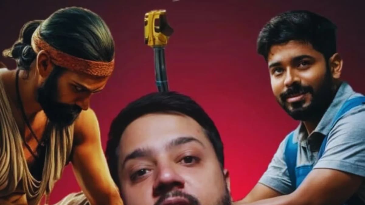Three bearded men on red: one in a headband bending over, one close-up under a yellow pipe tool, one in blue overalls