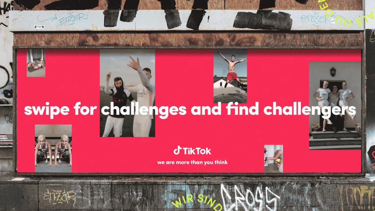 Red TikTok poster on graffiti wall, photos of people jumping and posing: "swipe for challenges and find challengers"