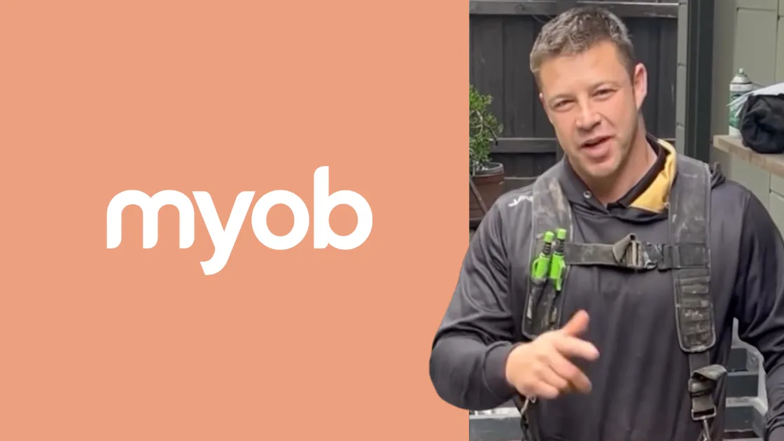 "myob" logo on a peach panel beside a man in a dark work top and tool harness talking and gesturing in a backyard