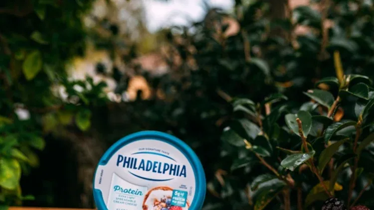 Tub of Philadelphia "Protein" cream cheese on a wooden ledge in front of a green leafy hedge, beside blackberries