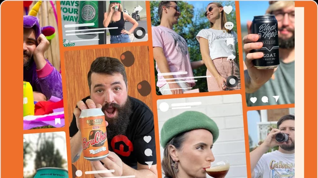 Collage of social posts of people drinking canned beer, led by a bearded man holding a can up, on an orange background