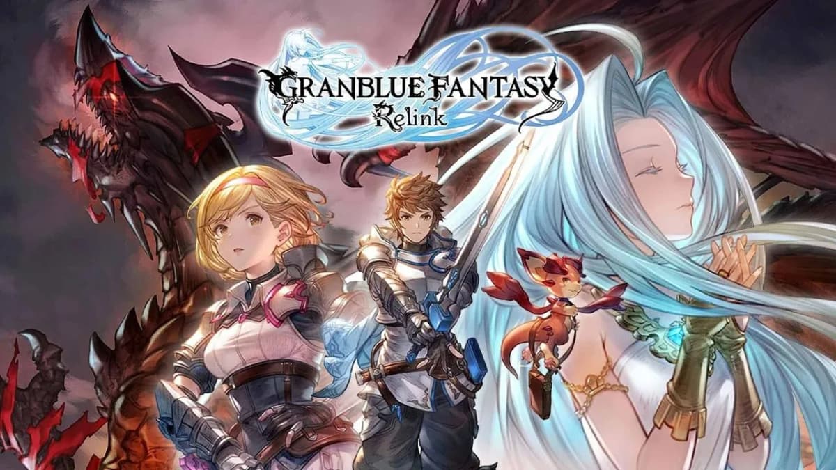"Granblue Fantasy Relink" key art: armored blonde girl, boy with sword, silver-haired woman and a dark dragon