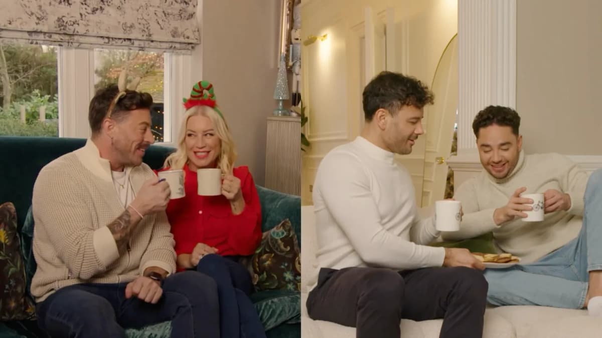 Split scene: a man in reindeer ears and a blonde woman in an elf hat sip tea on a sofa; two men share mugs and biscuits