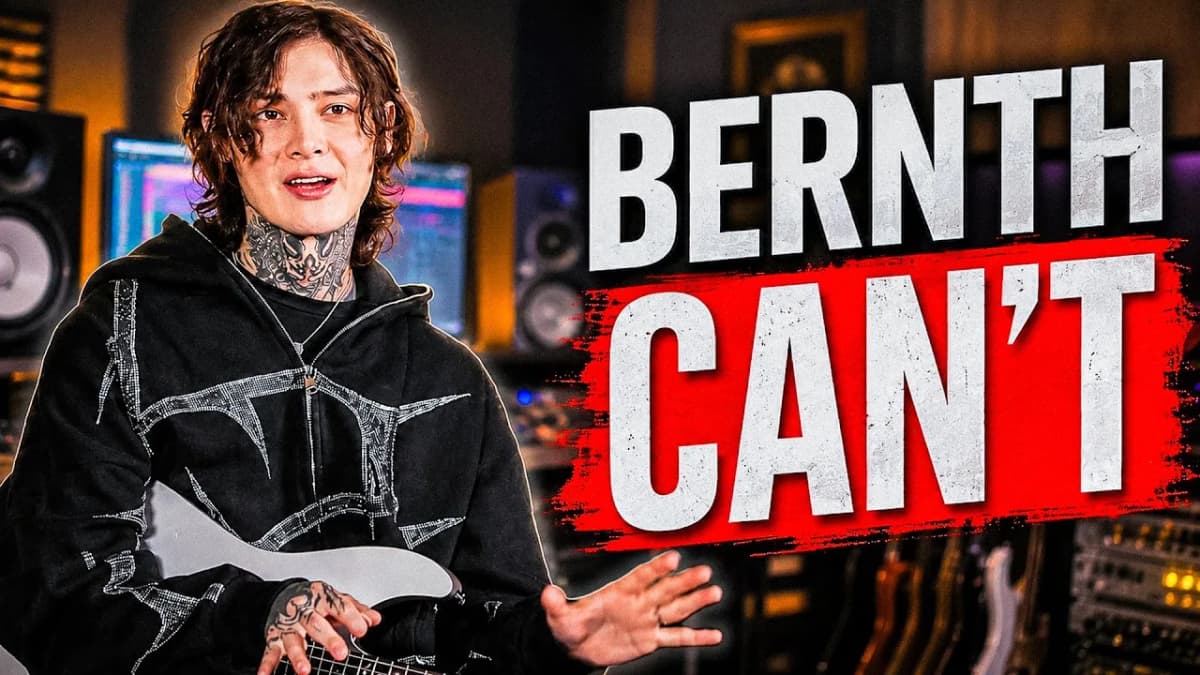 Tattooed long-haired man in a black hoodie holds a white guitar in a music studio beside large text "BERNTH CAN’T"