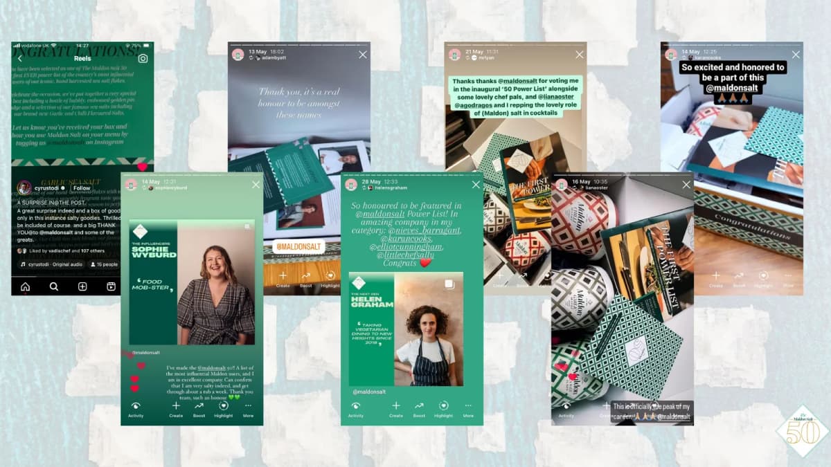 Phone story screenshots showing Maldon Salt tubs, a "THE FIRST POWER LIST" booklet and portraits of two women