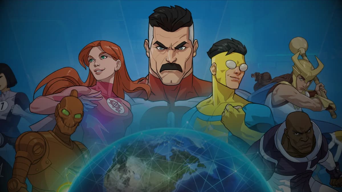 Animated superheroes, including a mustached man in red and a hero in a yellow goggled mask, above a glowing globe