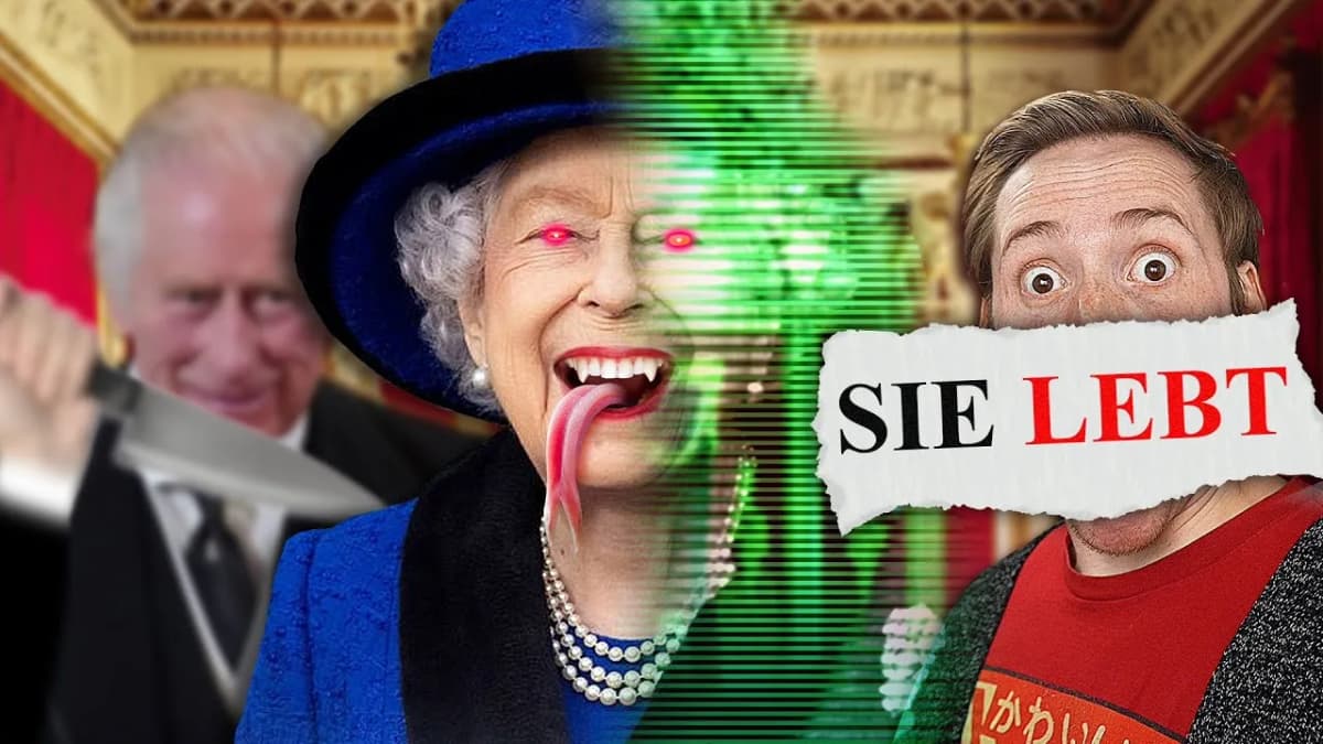Woman in blue hat with red eyes and forked tongue, man with knife, wide-eyed man behind "SIE LEBT" paper