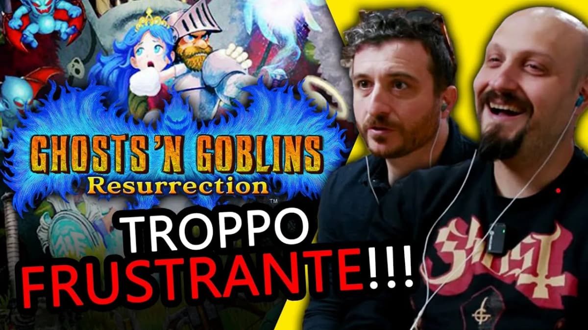 Two men in earphones, one laughing, beside game art of a knight and princess and "TROPPO FRUSTRANTE!!!"