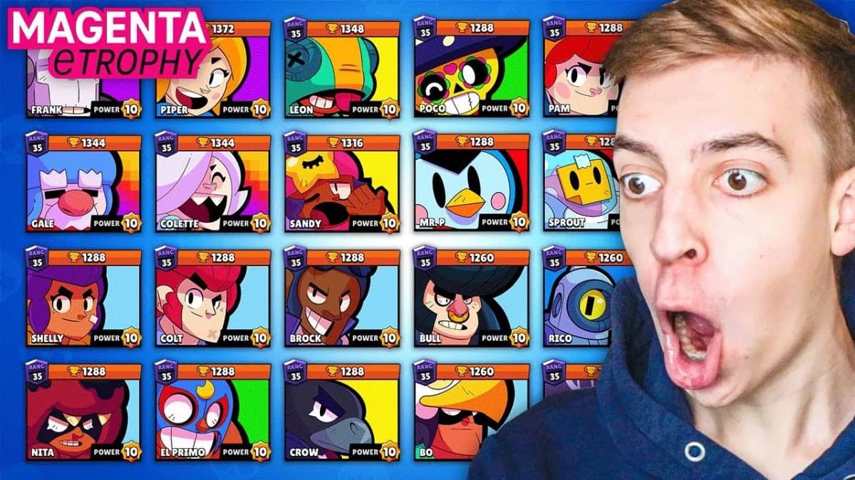 Shocked young man with wide eyes and open mouth beside a grid of cartoon game character cards showing trophy counts