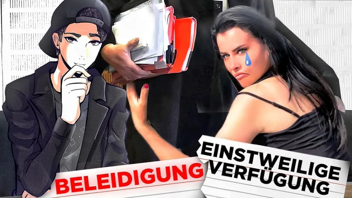 Anime man in cap beside woman with tear emoji pushing away files; text "BELEIDIGUNG" and "EINSTWEILIGE VERFÜGUNG"