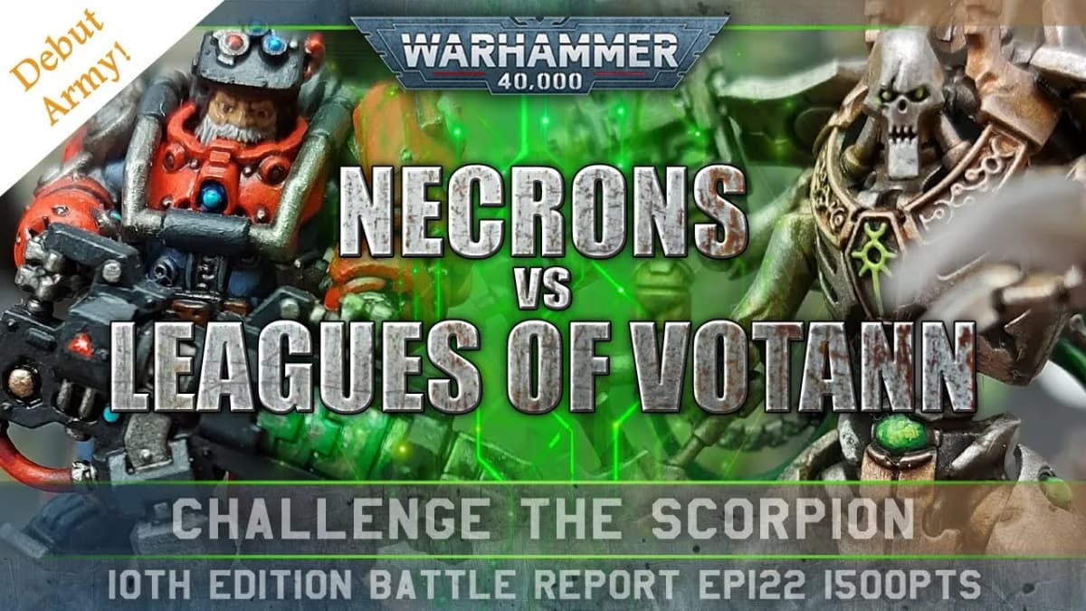 Painted miniatures of a bearded armored dwarf and a skeletal robot flank the title "NECRONS vs LEAGUES OF VOTANN"