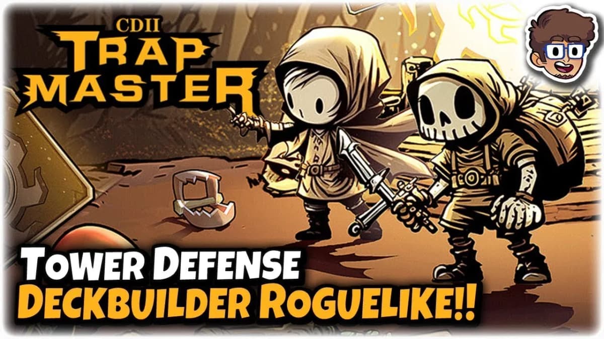 Two hooded cartoon figures, one skull-faced, hold blades by a trap under "TRAP MASTER" and "Deckbuilder Roguelike!!"