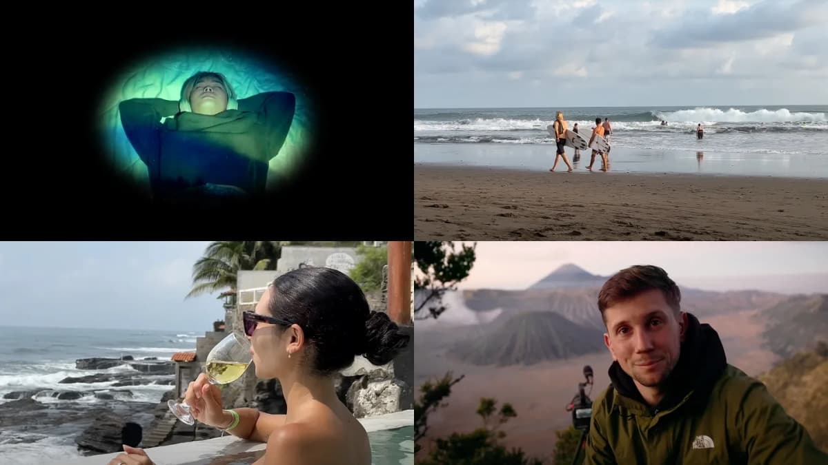 Four scenes: person lying in green light, surfers on a beach, woman sipping wine in a seaside pool, man before volcanoes