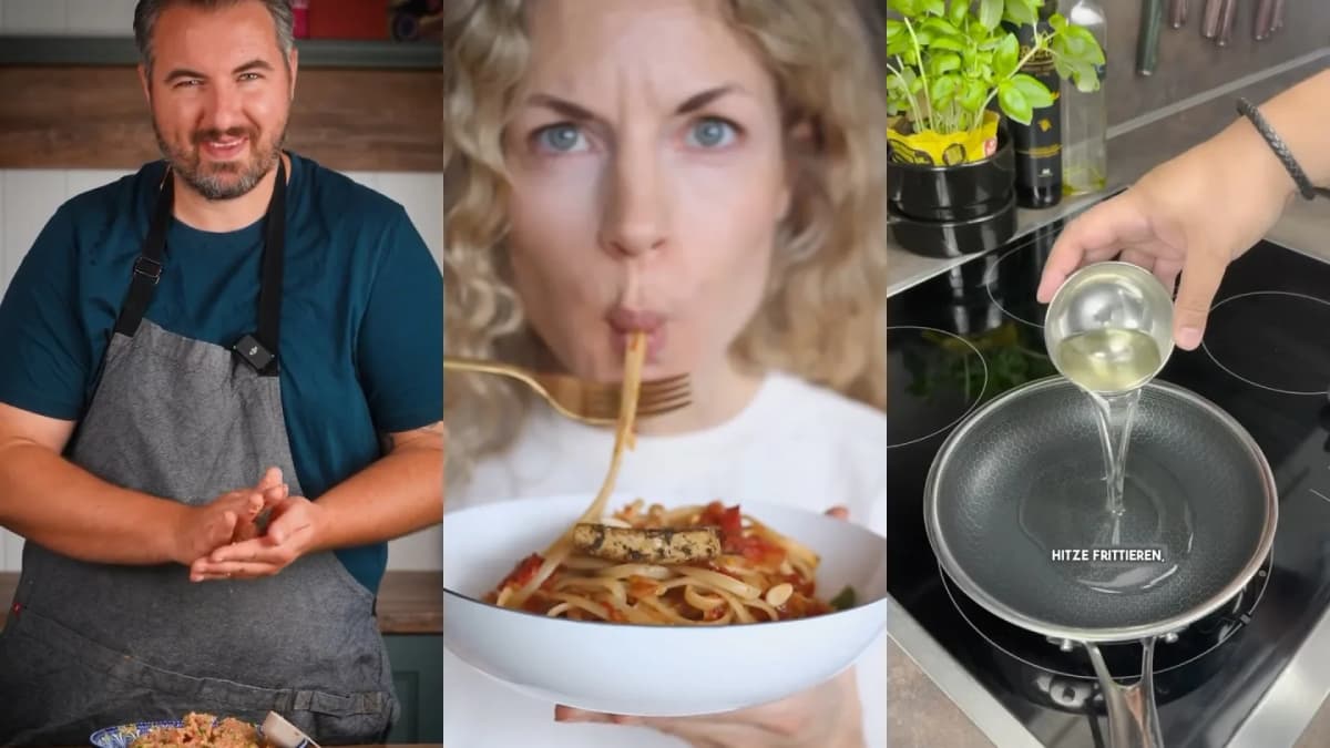 Man in apron, woman eating pasta, hand pouring oil into HexClad pan on stove with caption "HITZE FRITTIEREN,"