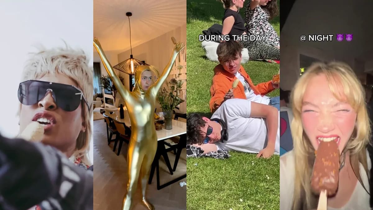 Four panels: people eat ice cream bars, one in a gold bodysuit, friends on grass "DURING THE DAY", a woman "@ NIGHT"