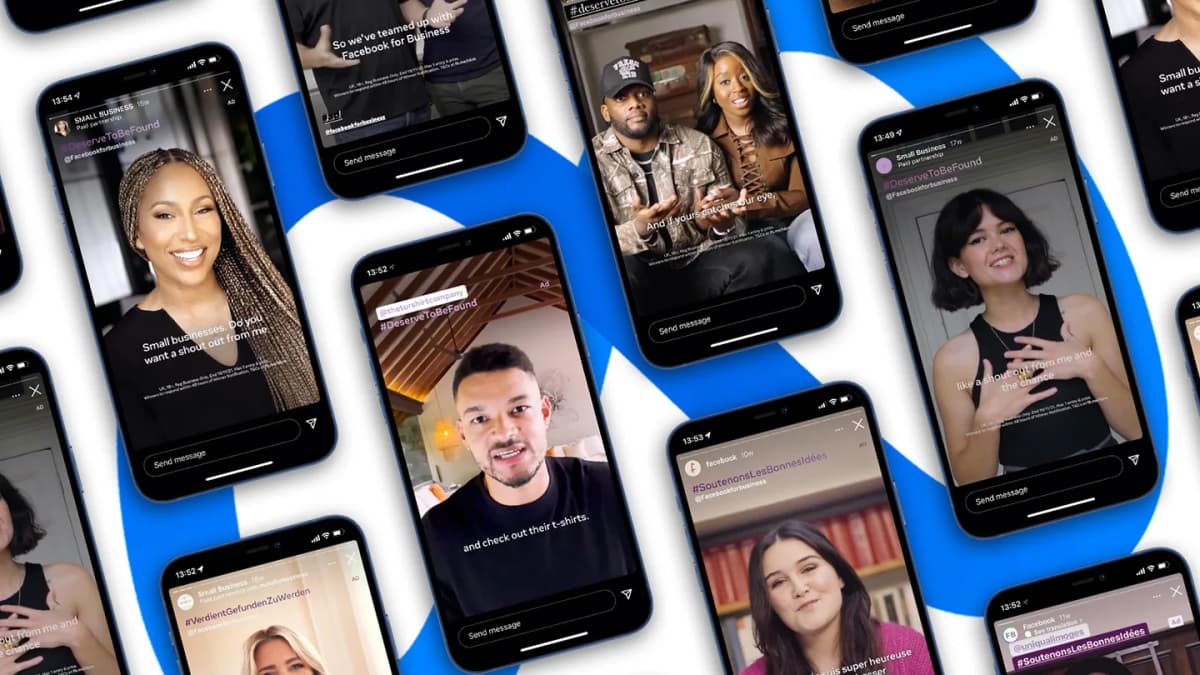 Phones showing Stories of smiling people speaking to camera with "Send message" bars, laid over a blue Meta logo