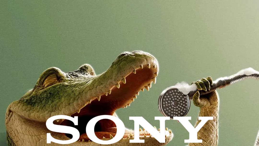 Animated crocodile singing into a soapy shower head like a microphone against a green wall, with the "SONY" logo below