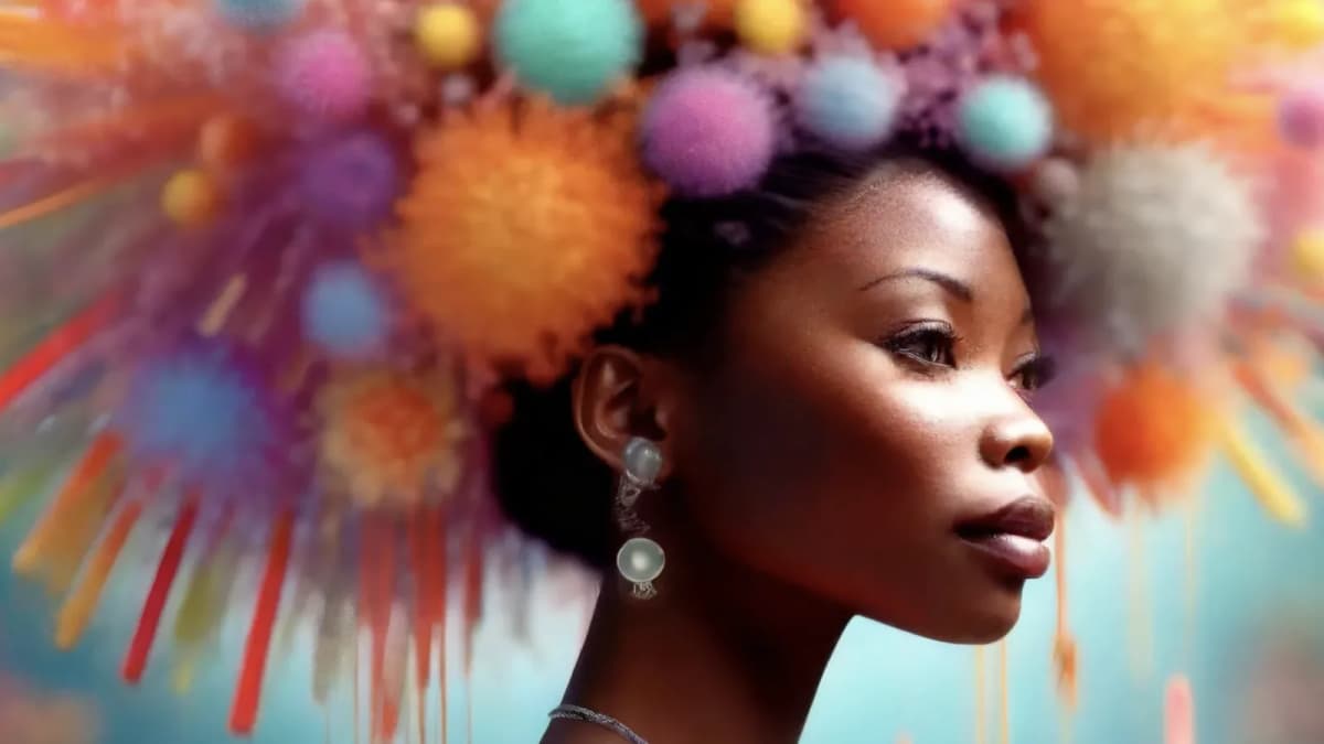 Profile of a woman with drop earrings, colorful pom-pom bursts radiating from her hair against a soft blue background