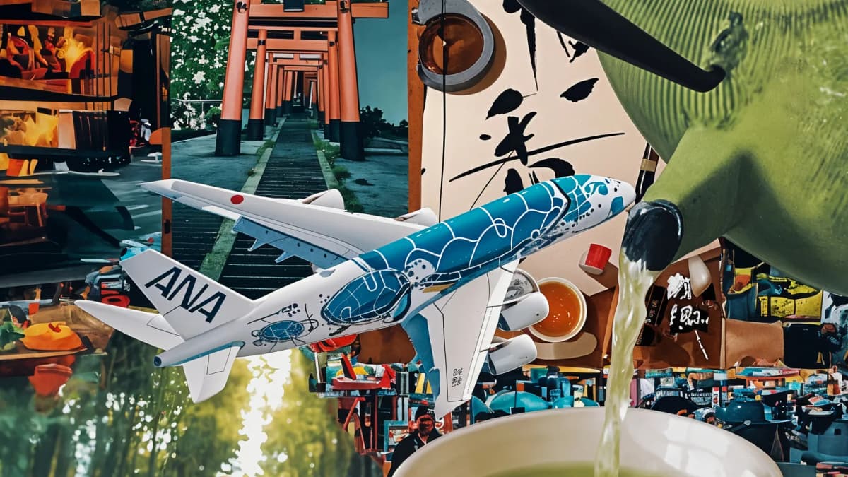Collage of an ANA jet with blue sea turtle livery over torii gates, bamboo, a market and green tea pouring into a cup
