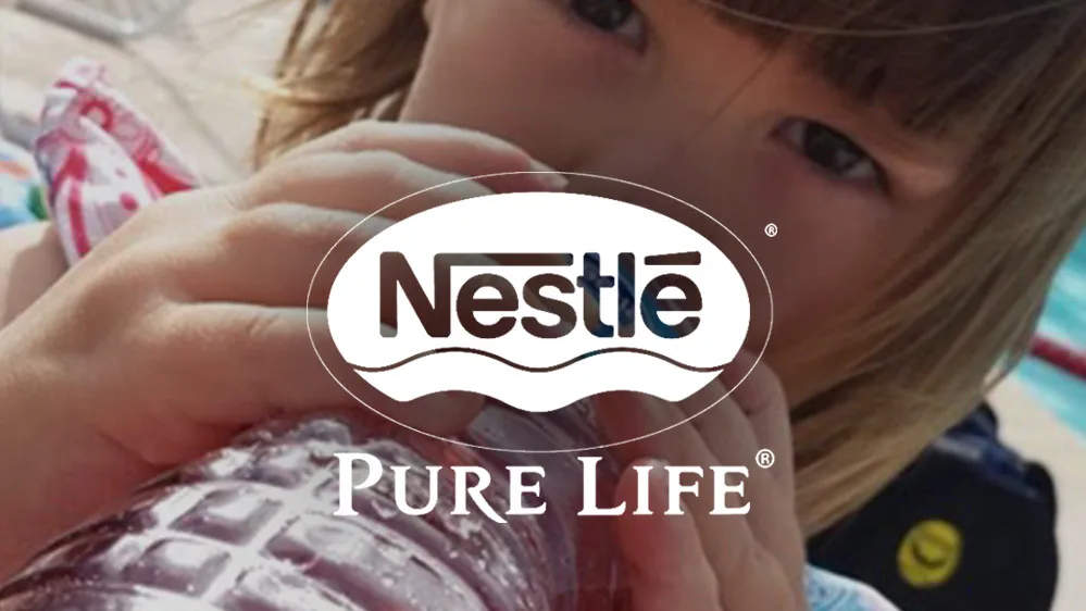 Young child with light brown hair drinking from a clear plastic water bottle behind a large Nestlé Pure Life logo