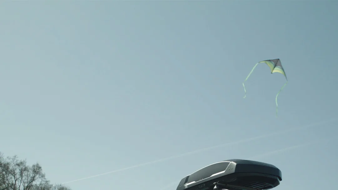 A green and yellow kite flies in a clear blue sky above a car's black roof box, with bare treetops in the corner